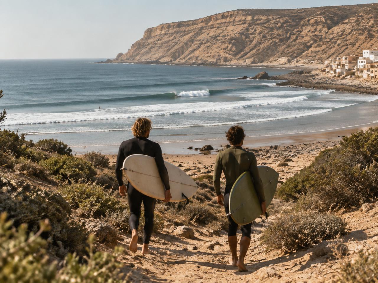 Surfers walking toward the waves at Imsouane